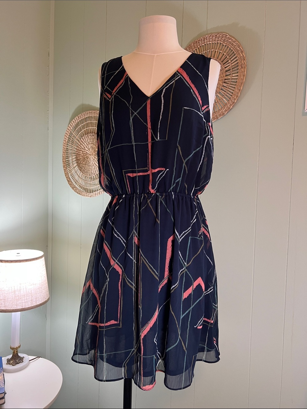 Banana Republic Navy V-Neck Geometric Print Dress with Pink Accents